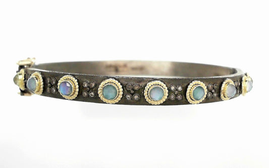 Blackened Silver Bangle with Emerald Stations and Diamonds
