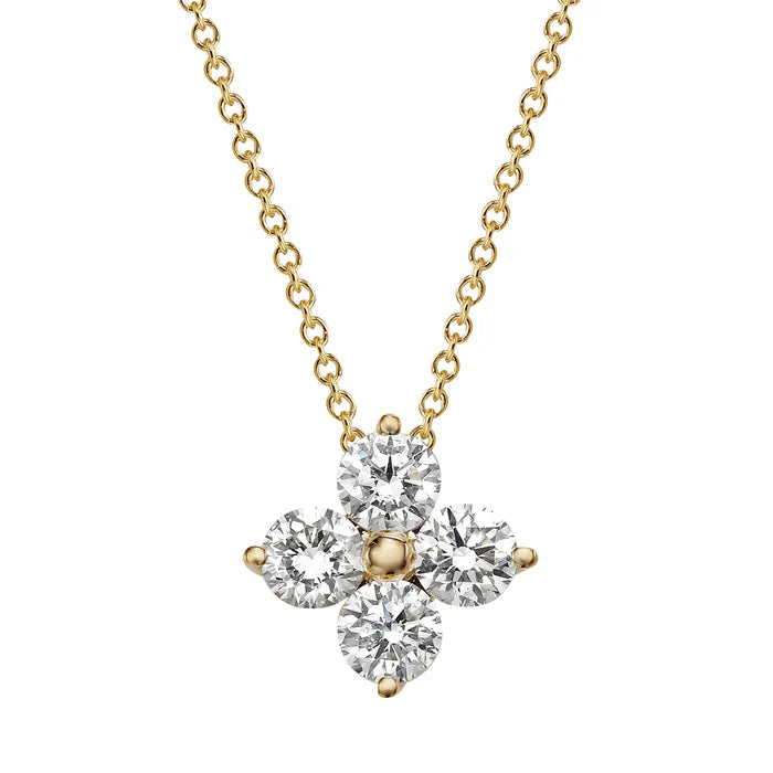 Gold necklace with a diamond cluster on a white background