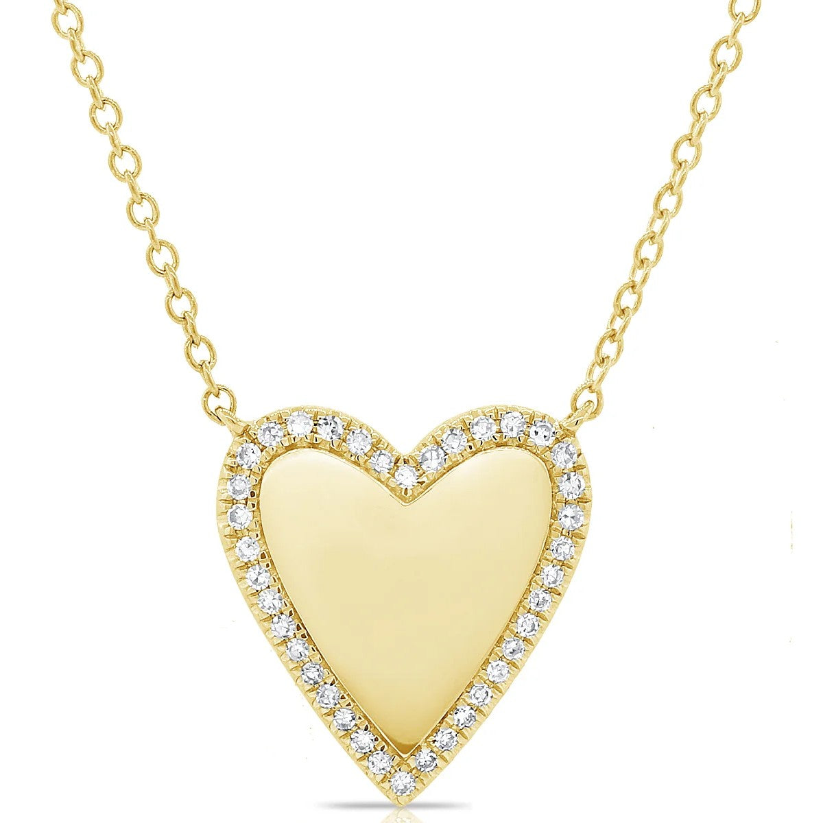 Gold heart-shaped necklace with embedded diamonds on a white background