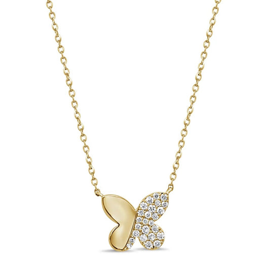 Gold butterfly necklace with diamond accents on a white background
