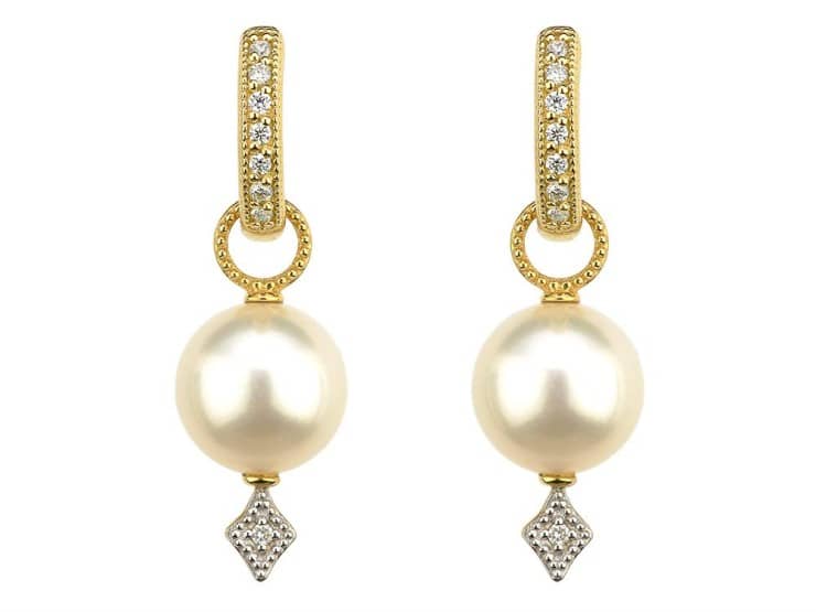 gold and diamond band earrings with a pearl and diamonds at the bottom